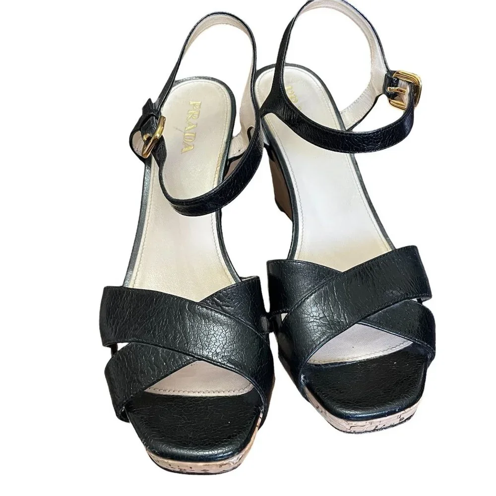 Prada Black and Cork Wedge Sandals Size 40 - Picture 2 of 9